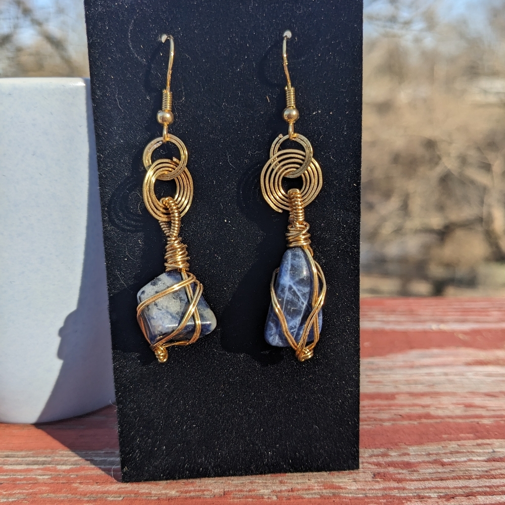 Sodalite Crystals Earrings Gold Hoops Wire Wrapped Handmade Crystals Gemstone - Picture 3 of 16